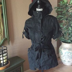 Black hooded shirt sleeved jacket